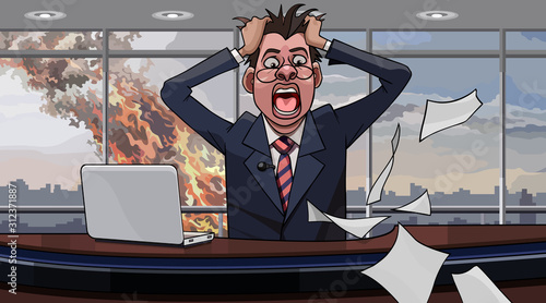 cartoon panicking man in the office of a skyscraper whose window is on fire