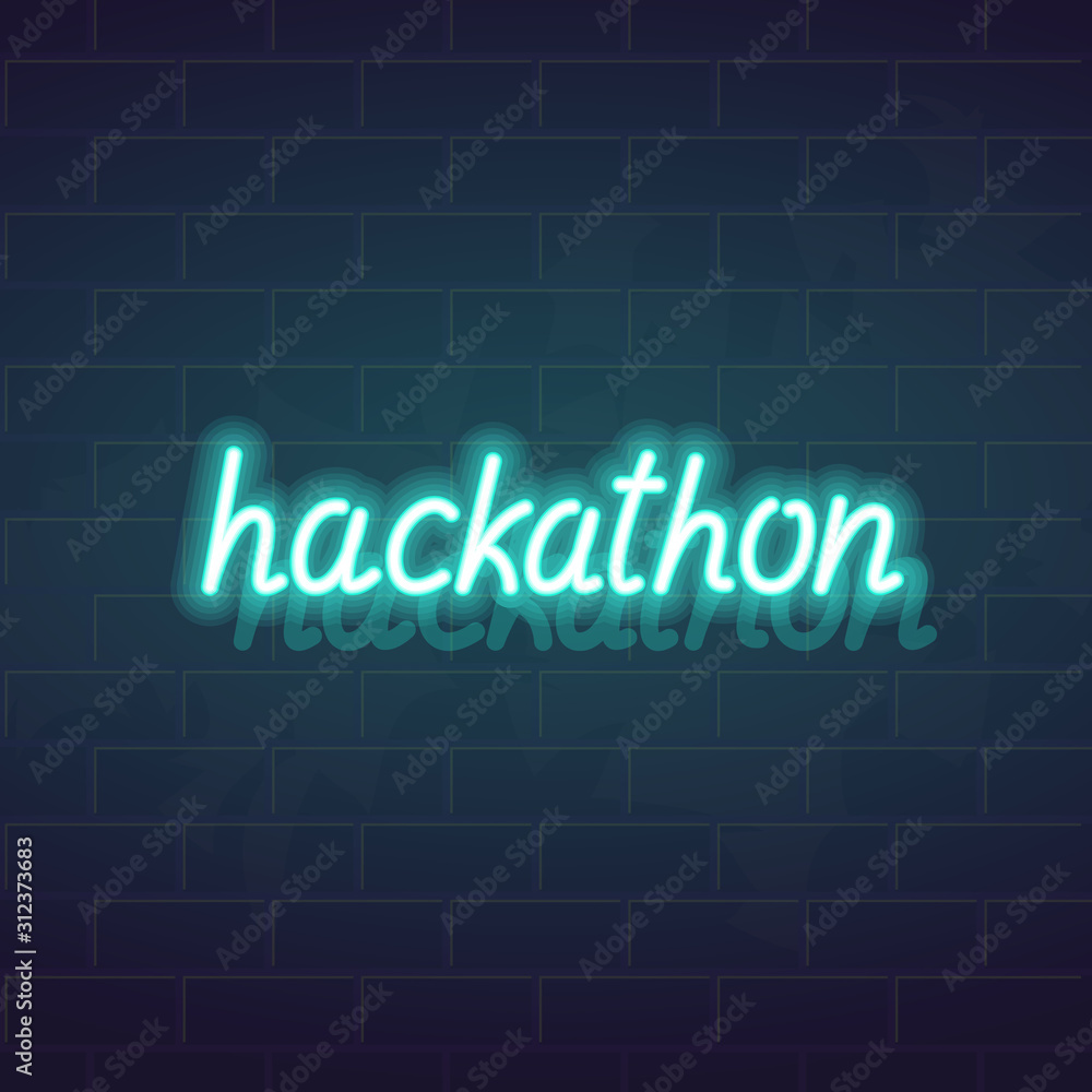 Neon hackathon typography. Glowing handwritten lettering on brick wall background. Isolated logo headline text for coding teamwork competition. Neon hackathon typography. Glowing handwritten lettering on brick wall background. Isolated logo headline text for coding teamwork competition.