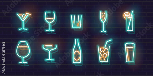 Neon cocktails set. Fluorescent isolated vector icons of brick wall background for menu, banner, advertisement. Classic drinks variations.