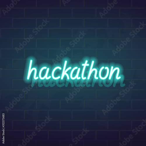 Neon hackathon typography. Glowing handwritten lettering on brick wall background. Isolated logo headline text for coding teamwork competition.