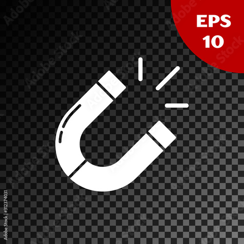 White Magnet icon isolated on transparent dark background. Horseshoe magnet, magnetism, magnetize, attraction. Vector Illustration
