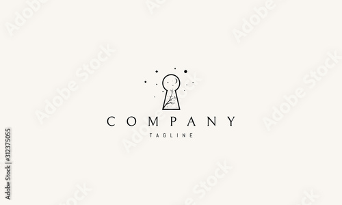 Vector logo on which an abstract image of a keyhole inside which is a tree and stars.