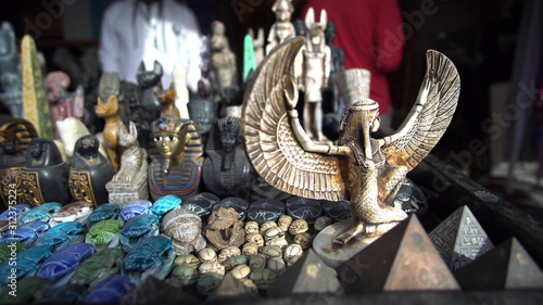 Egyptian souvenir stone craft to pharaoh sphinx pyramid scarab statues selling for tourist in Egypt