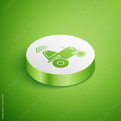 Isometric Self driving wireless tractor on a smart farm icon isolated on green background. Smart agriculture implement element. White circle button. Vector Illustration