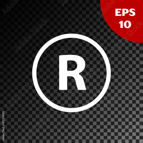 White Registered Trademark icon isolated on transparent dark background. Vector Illustration