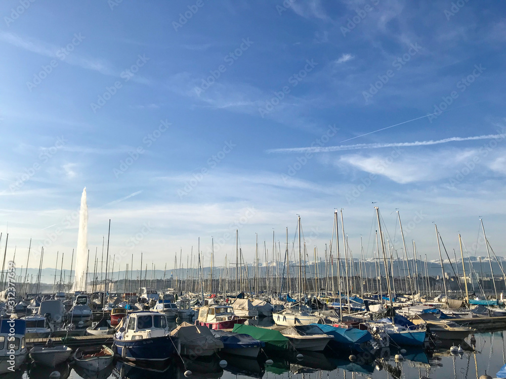 Port with sailboats in Geneva