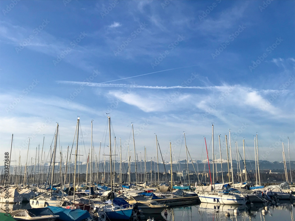 Port with sailboats in Geneva