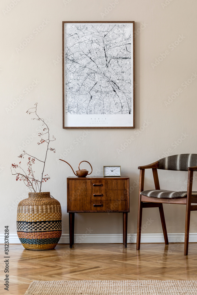 Modern composition of living room interior with brown mock up poster frame,  design retro commode, chair, etno basket with flower and elegant  accessories. Template. Stylish home staging. Japandi. Stock Photo | Adobe