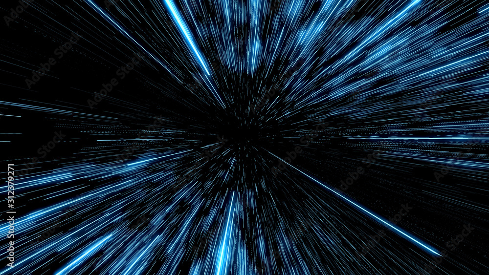 Fototapeta premium Space Travelling in the Speed of Light. Abstract light, fibre-optic. Super speed. Particle or space traveling. Particle zoom background.