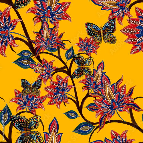 Watercolor seamless pattern with paisley fantasy flowers and butterflies in ethnic style. Floral decoration. Traditional paisley pattern. Textile design texture.Tribal ethnic vintage seamless pattern. photo