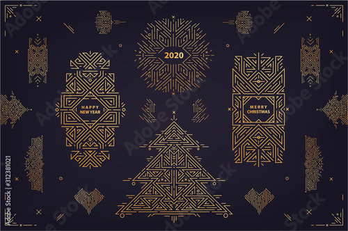 Vector set of linear christmas, new year geometric design elements, frames, borders. Use for poster, banner, card, party invitation. Art deco golden christmas tree illustration