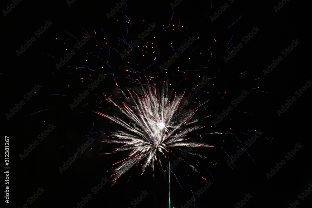 Festive fireworks against the black night sky. Light from the fi Festive fireworks against the black night sky. Light from the fi