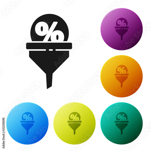 Black Lead management icon isolated on white background. Funnel with discount percent. Target client business concept. Set icons colorful circle buttons. Vector Illustration