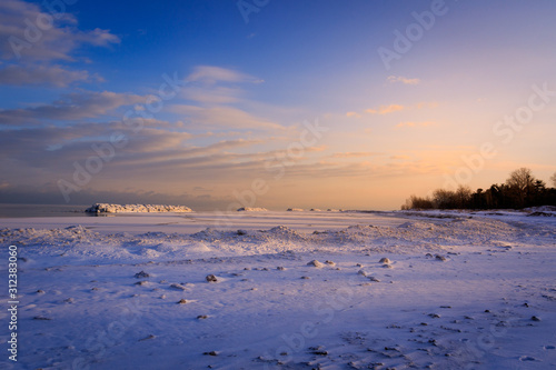Pennsylvania state park in winter, shoreline of Lake Erie