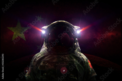 Fototapeta Naklejka Na Ścianę i Meble -  chineses astronaut taikonaut in camouflage suit on the moon 3d render