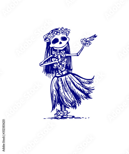 Cute skeleton girl character dancing Hawaii traditional dance. Memento mory