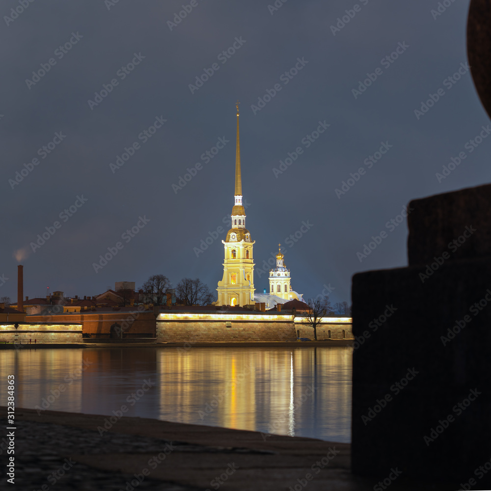 view of the Peter and Paul Fortress at night. in St. Petersburg