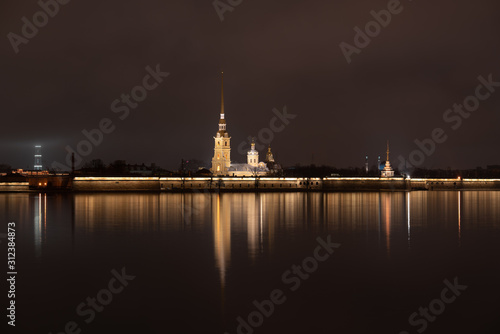 view of the Peter and Paul Fortress at night. in St. Petersburg