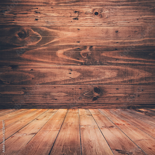 Wooden wall and floor in perspective view, grunge background. for put product on the floor / timber wood brown panels used as backgrounds display.