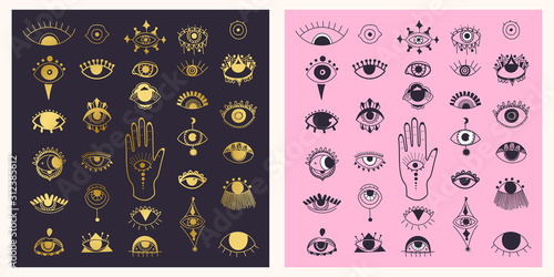 Evil eyes symbol set.  Different shapes. Flat design. Free hand drawing style. Esoteric sign alchemy, decorative style, providence sight. Vector illustration.