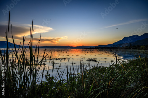 Tall grass at waters edge partially covers the horizon during sunset at Lake Chapala in Ajijic Mexico