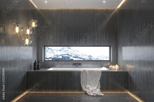 Photography Big stone bathroom with view to the snowy mountains