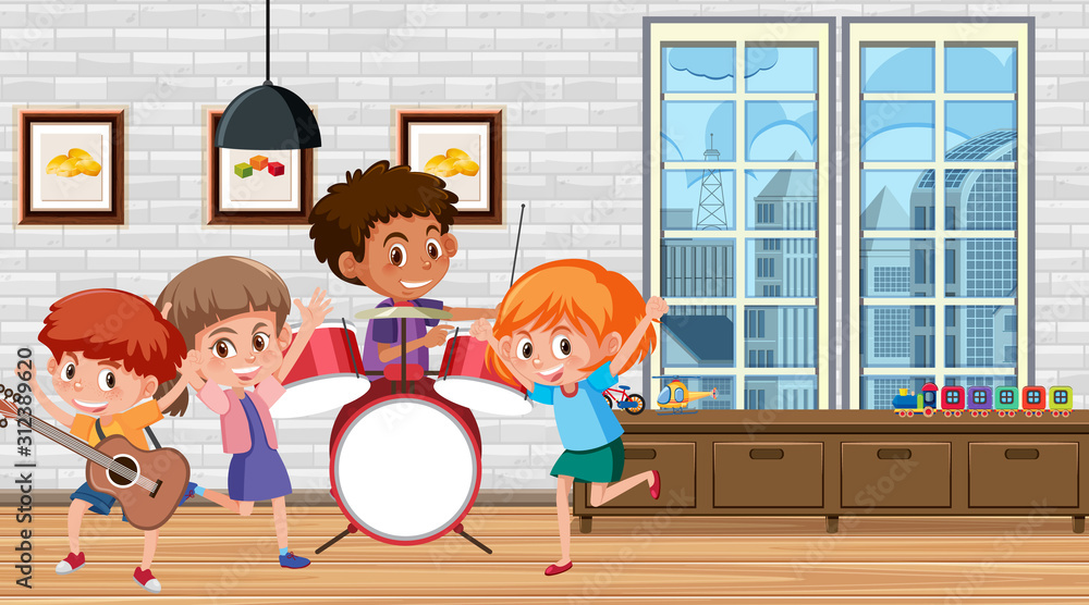 Many kids playing music in the room Many kids playing music in the room