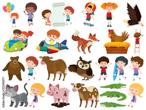 Set of isolated objects theme children and animals