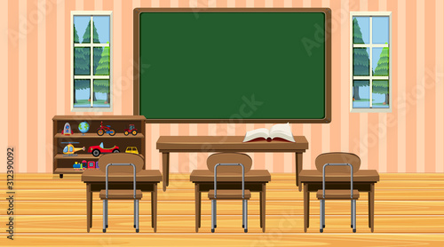 Classroom scene with chalkboard and desks photo