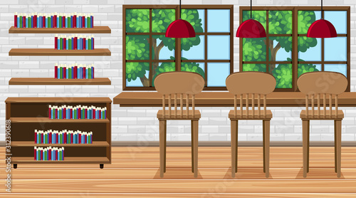 Scene with high chairs and books in the room
