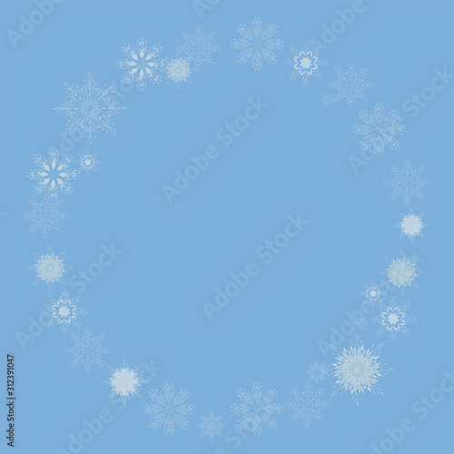 Wreath of light thin vector snowflakes round on a blue background postcard.