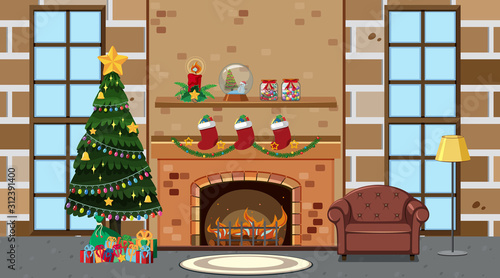 Room with christmas tree by the fireplace