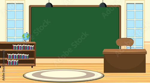 Scene with big chalkboard and teacher desk
