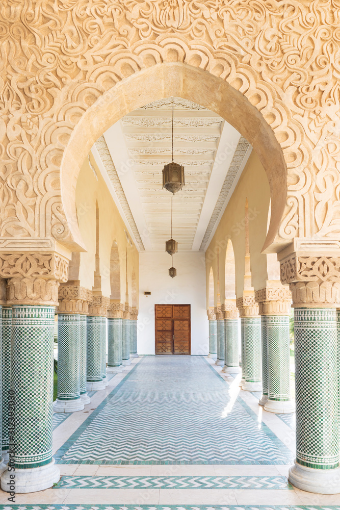 Traditional and typical moroccan architectural details. Mosque in Kenitra, Province West Chrarda Beni Hussein, Morocco. Construction detail, sunny day. - obrazy, fototapety, plakaty 