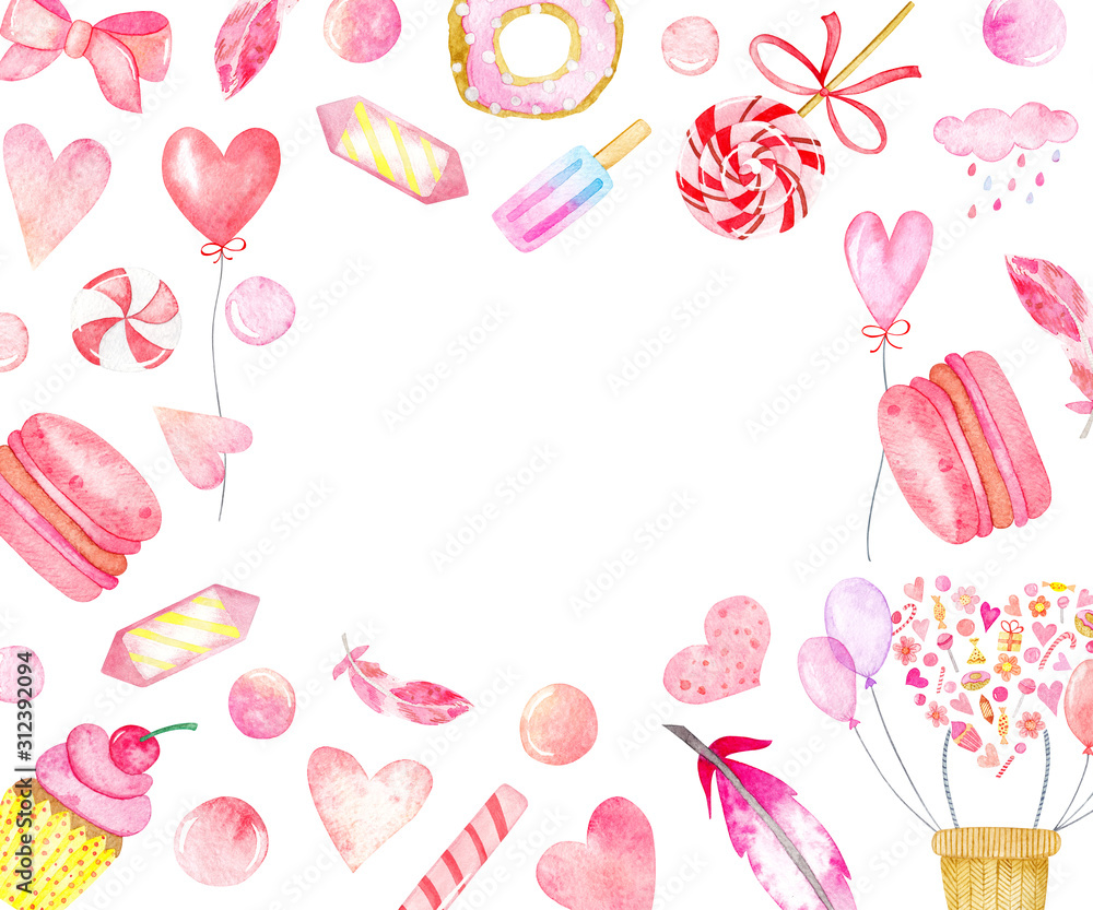 Festive frame for text made of cute watercolor elements: sweets, ice cream, donut, cupcake, macaroon, hearts, circles. Design for Valentine's Day, Birthday, Wedding, Anniversary, Prom, Honeymoon