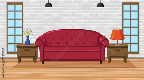 Room with red sofa on wooden floor