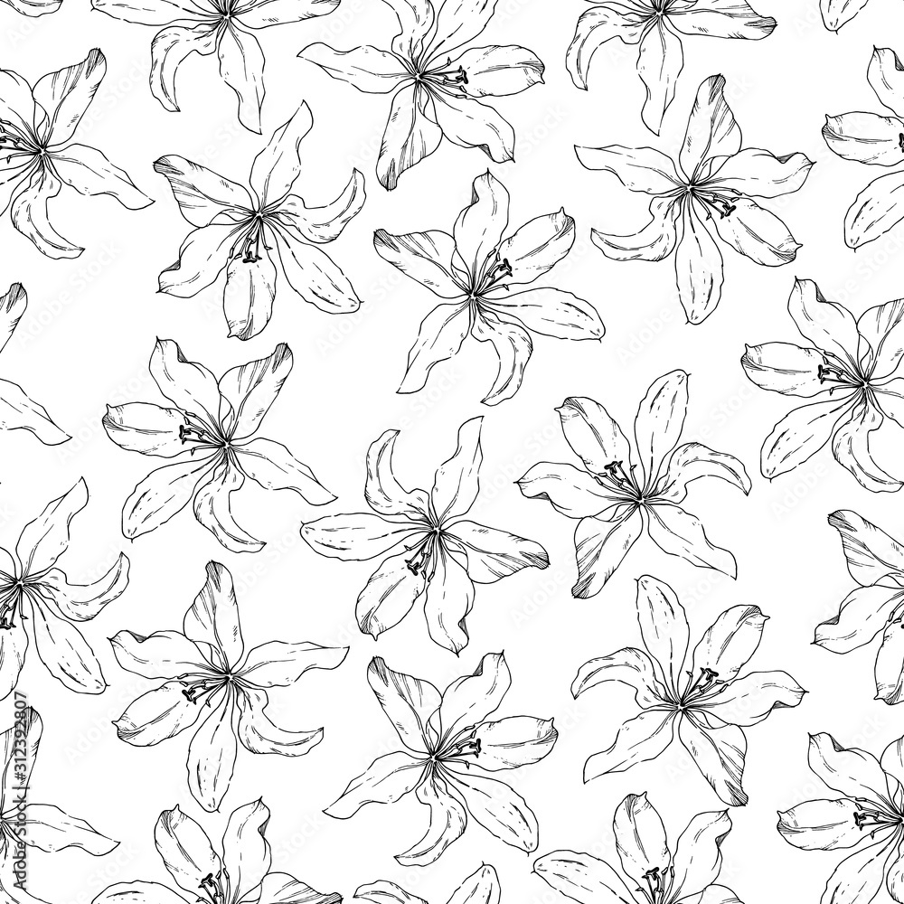 Monochrome seamless pattern with Lily flowers. Floral white and black seamless background.