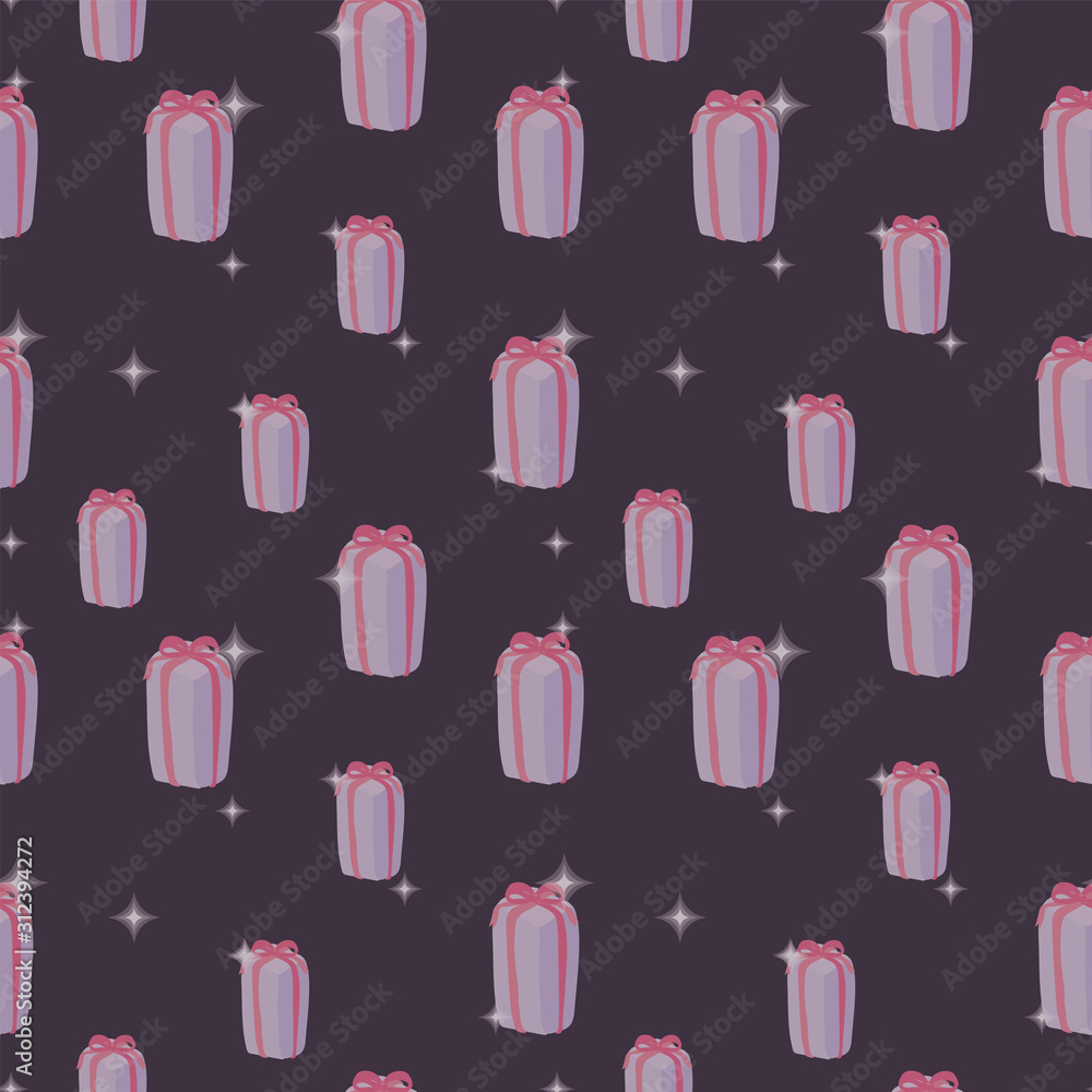 Seamless vector pattern with gifts with a pink ribbon on a dark purple background. Seamless vector pattern with gifts with a pink ribbon on a dark purple background.