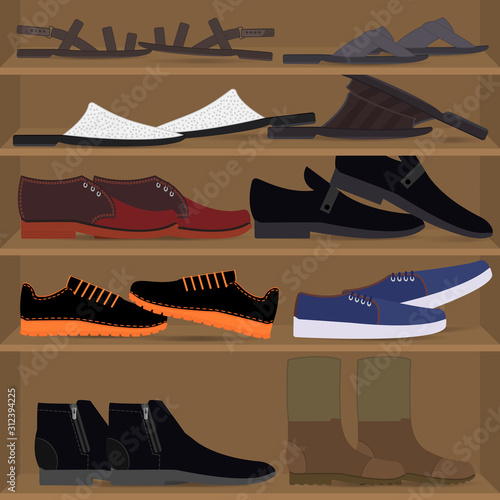 Set of scattered men's shoes on the shelves. Different types of mens pair footwear. Mess and chaos in the closet on the shelves and racks. Vector flat illustration.