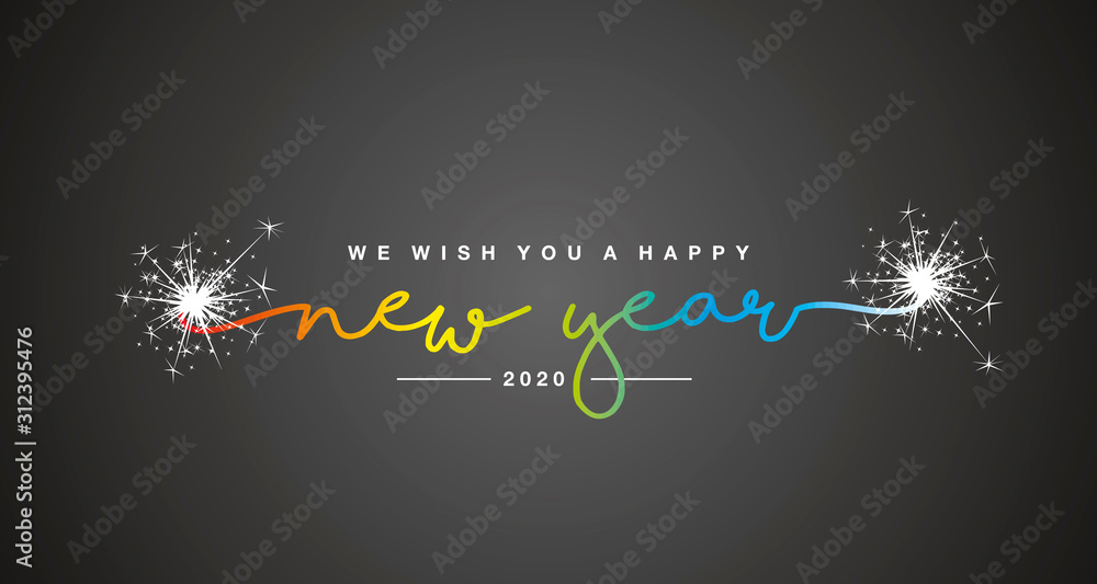 Happy New Year 2020 handwritten lettering tipography sparkle firework rainbow colorful white black background - obrazy, fototapety, plakaty 