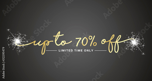 70 percent off sale handwritten lettering tipography sparkle firework gold white black sticker banner