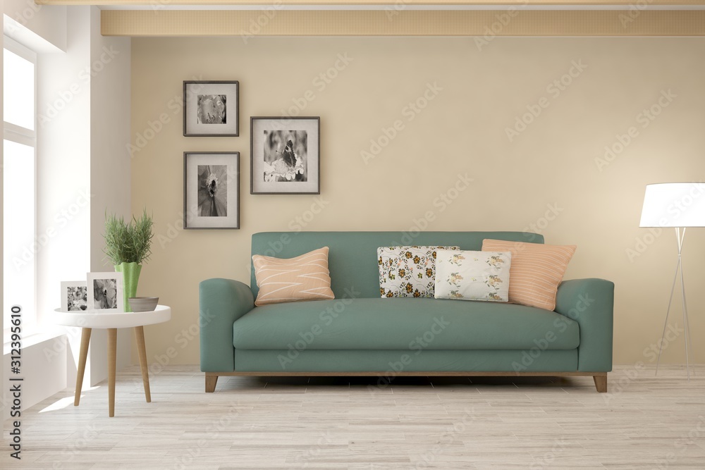 Stylish room in white color with sofa. Scandinavian interior design. 3D illustration Stylish room in white color with sofa. Scandinavian interior design. 3D illustration