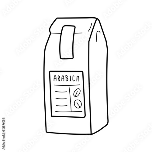 Paper bag full of coffee, vector isolated line art, linear illustration of craft coffee packaging. Trendy flat outline ink style, good as icon, logo for coffee shop, hand drawn artwork.