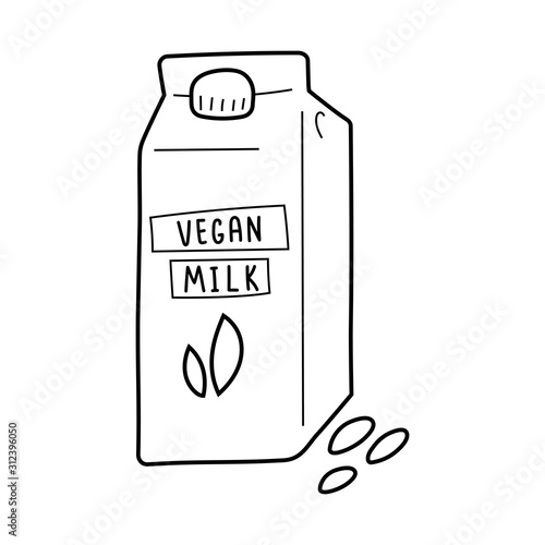 Vegan milk pack, vector isolated line art, linear illustration of almond dairy substitute. Trendy flat outline ink style, good as icon, logo for coffee shop, hand drawn artwork.