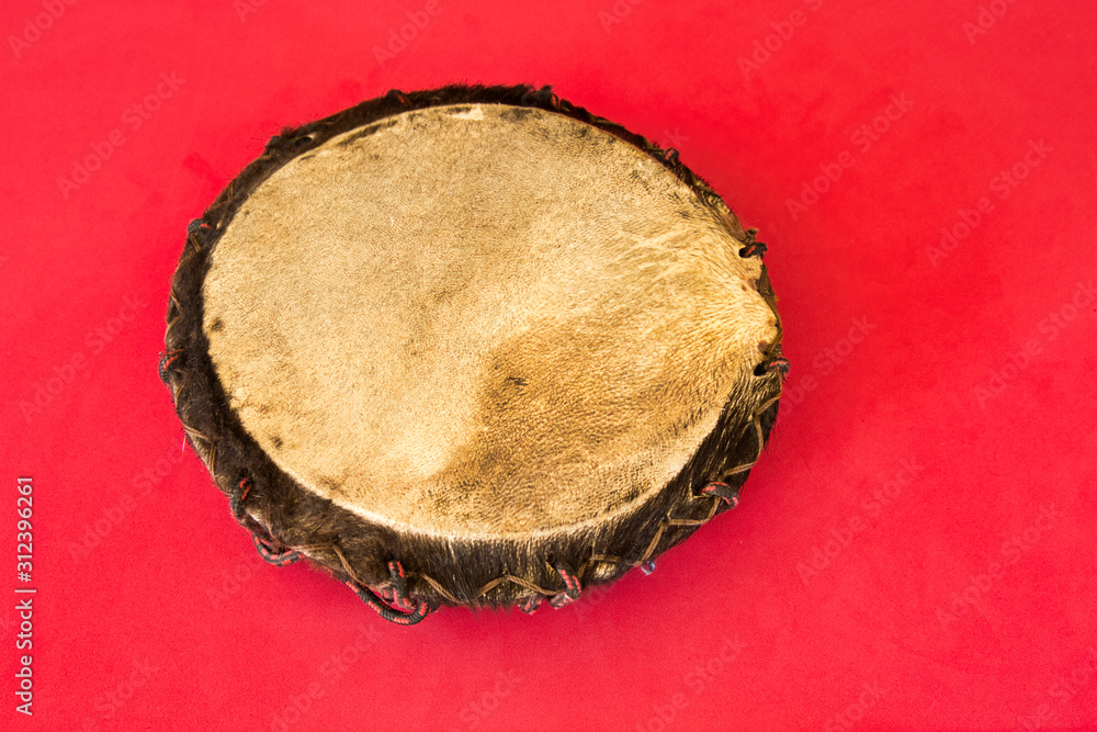 Mexican pre-Hispanic instrument, drum, Huéhuetl: percussion instrument made of wood and leather Mexican pre-Hispanic instrument, drum, Huéhuetl: percussion instrument made of wood and leather