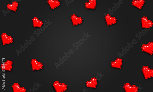 3d rendering of red hearts isolated on black background.