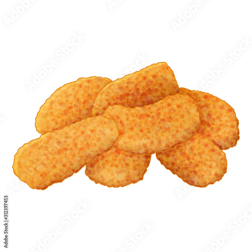 set of tasty chicken nuggets icons on white background. Cartoon style. Vector illustration. Isolated on white. Object for packaging, advertisements, menu.