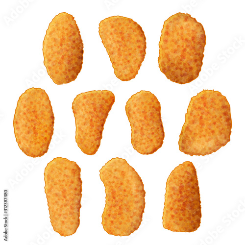 set of tasty chicken nuggets icons on white background. Cartoon style. Vector illustration. Isolated on white. Object for packaging, advertisements, menu.
