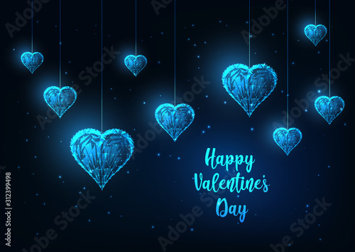 Futuristic Happy Valentines Day greeting card with glowing low poly hanging hearts on dark blue.