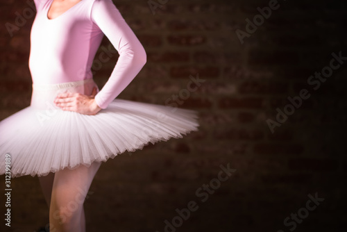 ballerina in pink dress. Tulle fabric texture closeup of a classical ballet white skirt on elegant female dancers body in traditional Swan Lake like costume. Abstract dancing classes background